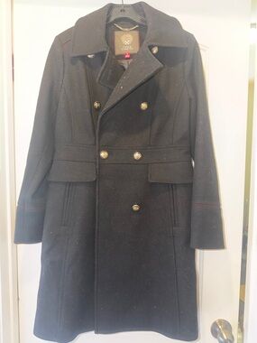 Vince Camuto Black Double-Breasted Pea Coat with Gold Buttons
